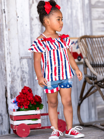 Girls Cold Shoulder Top and Cuffed Denim Shorts Set - Mia Belle Girls