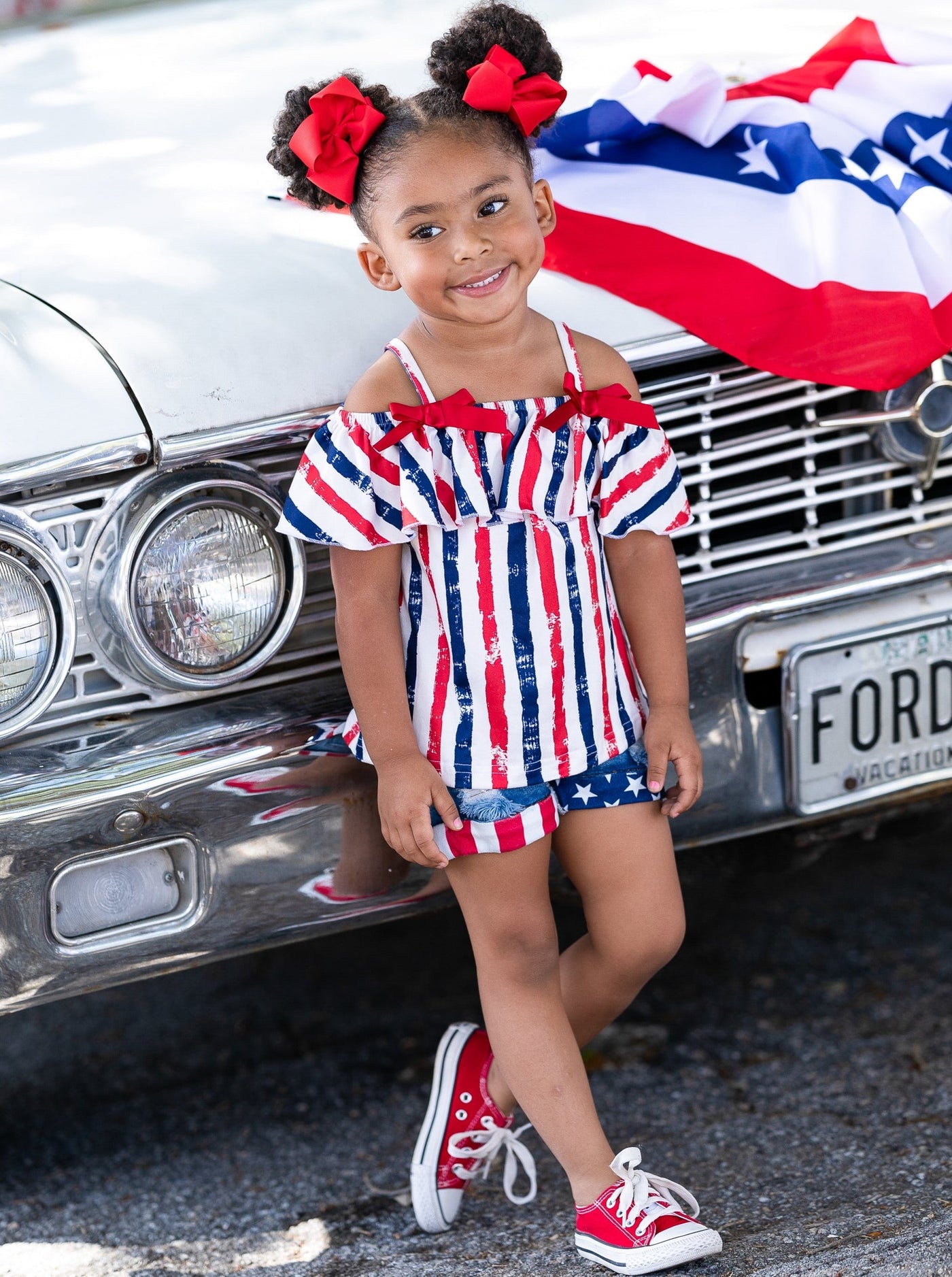 Girls Cold Shoulder Top and Cuffed Denim Shorts Set - Mia Belle Girls