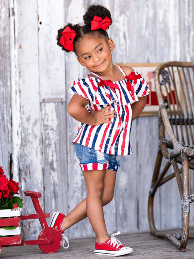 Girls Cold Shoulder Top and Cuffed Denim Shorts Set - Mia Belle Girls