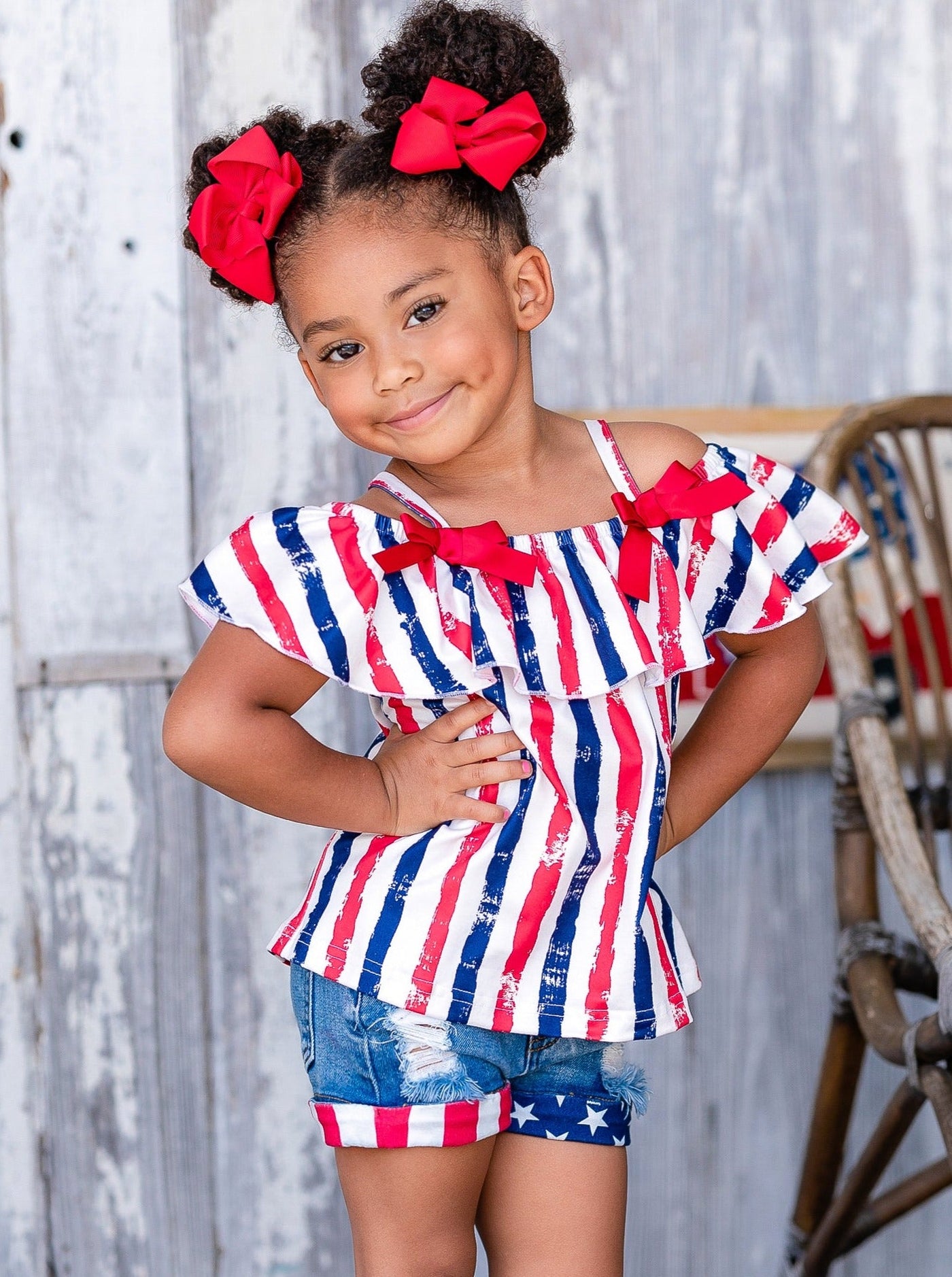 Girls Cold Shoulder Top and Cuffed Denim Shorts Set - Mia Belle Girls