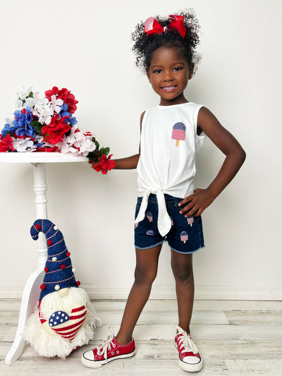 Girls 4th of July Outfits | Popsicle Knit Hem Top & Denim Shorts Set