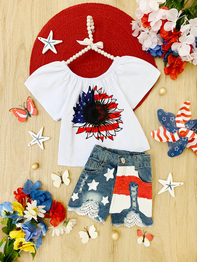 Girls 4th of July Sets | US Flag Sunflower Top & Lace Denim Shorts Set
