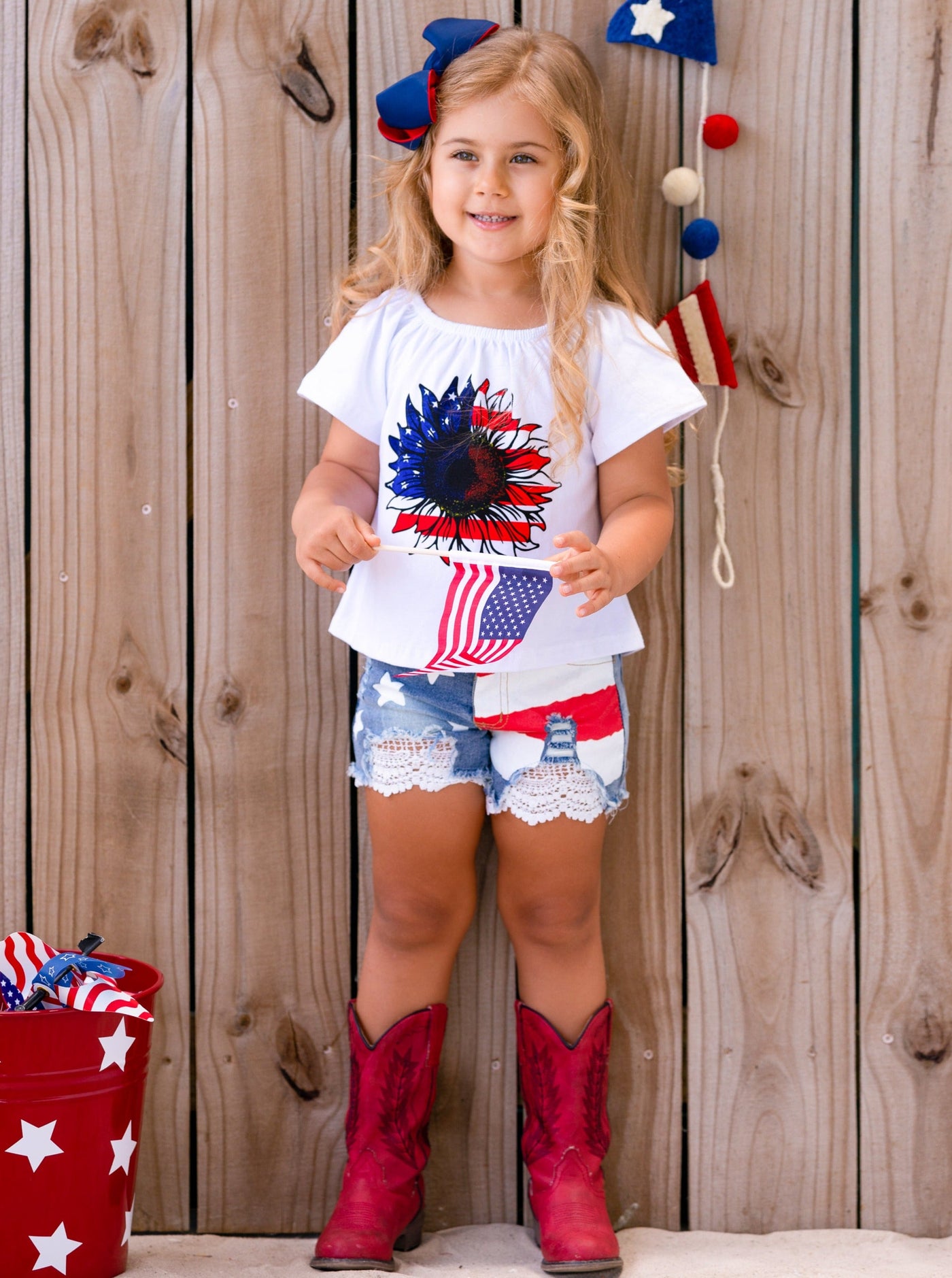 Girls 4th of July Sets | US Flag Sunflower Top & Lace Denim Shorts Set
