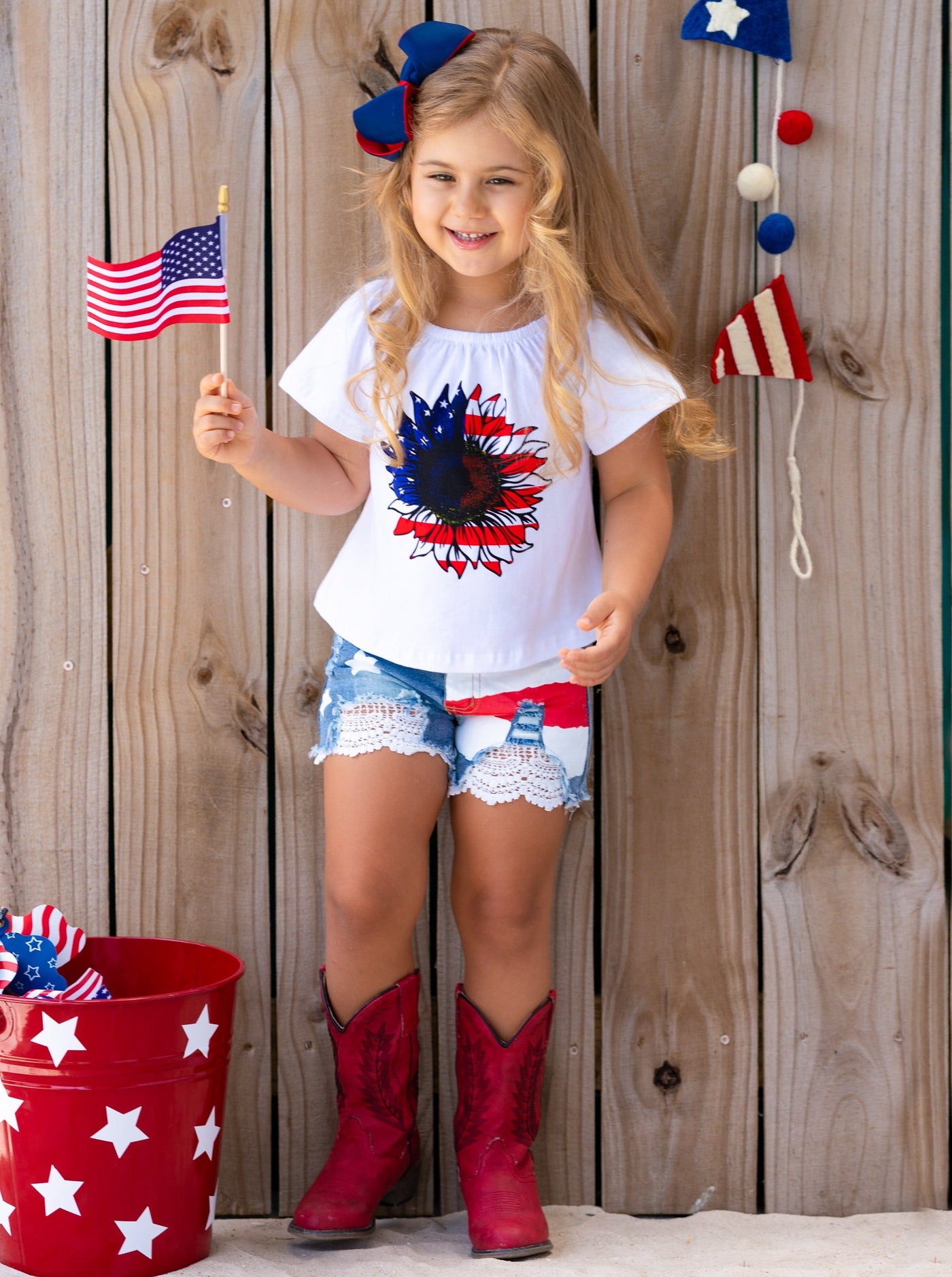 Girls 4th of July Sets | US Flag Sunflower Top & Lace Denim Shorts Set
