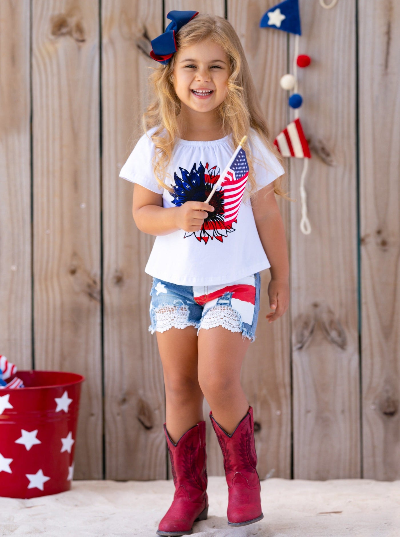 Girls 4th of July Sets | US Flag Sunflower Top & Lace Denim Shorts Set