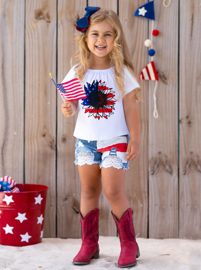 Girls 4th of July Sets | US Flag Sunflower Top & Lace Denim Shorts Set