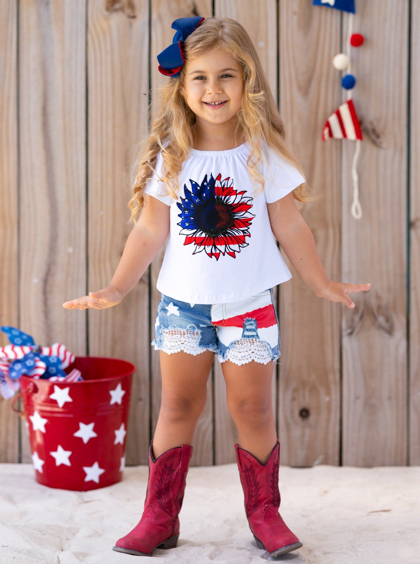 Girls 4th of July Sets | US Flag Sunflower Top & Lace Denim Shorts Set