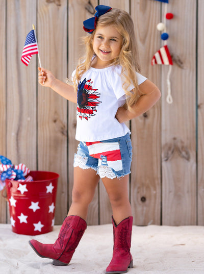 Girls 4th of July Sets | US Flag Sunflower Top & Lace Denim Shorts Set
