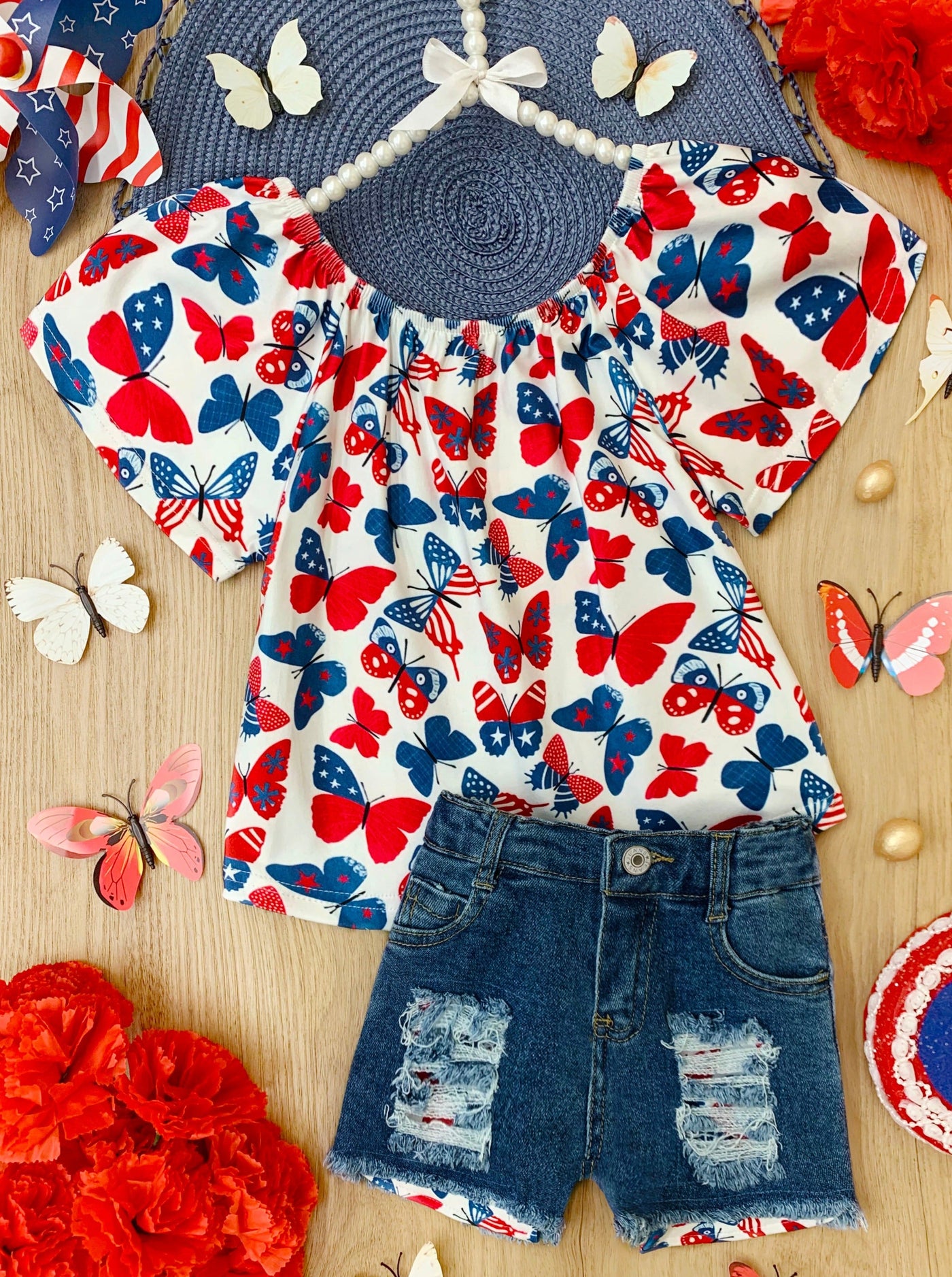 Girls Butterfly Top and Distressed Denim Shorts Set - Mia Belle Girls
