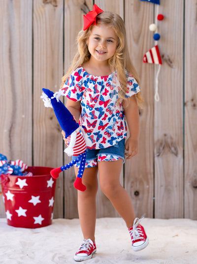 Girls Summer Outfits | Butterfly Top & Distressed Denim Shorts Set