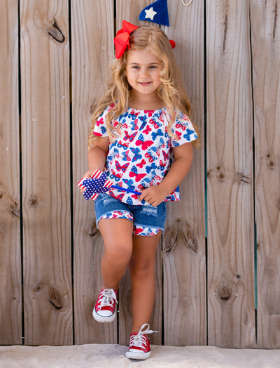 Girls Summer Outfits | Butterfly Top & Distressed Denim Shorts Set