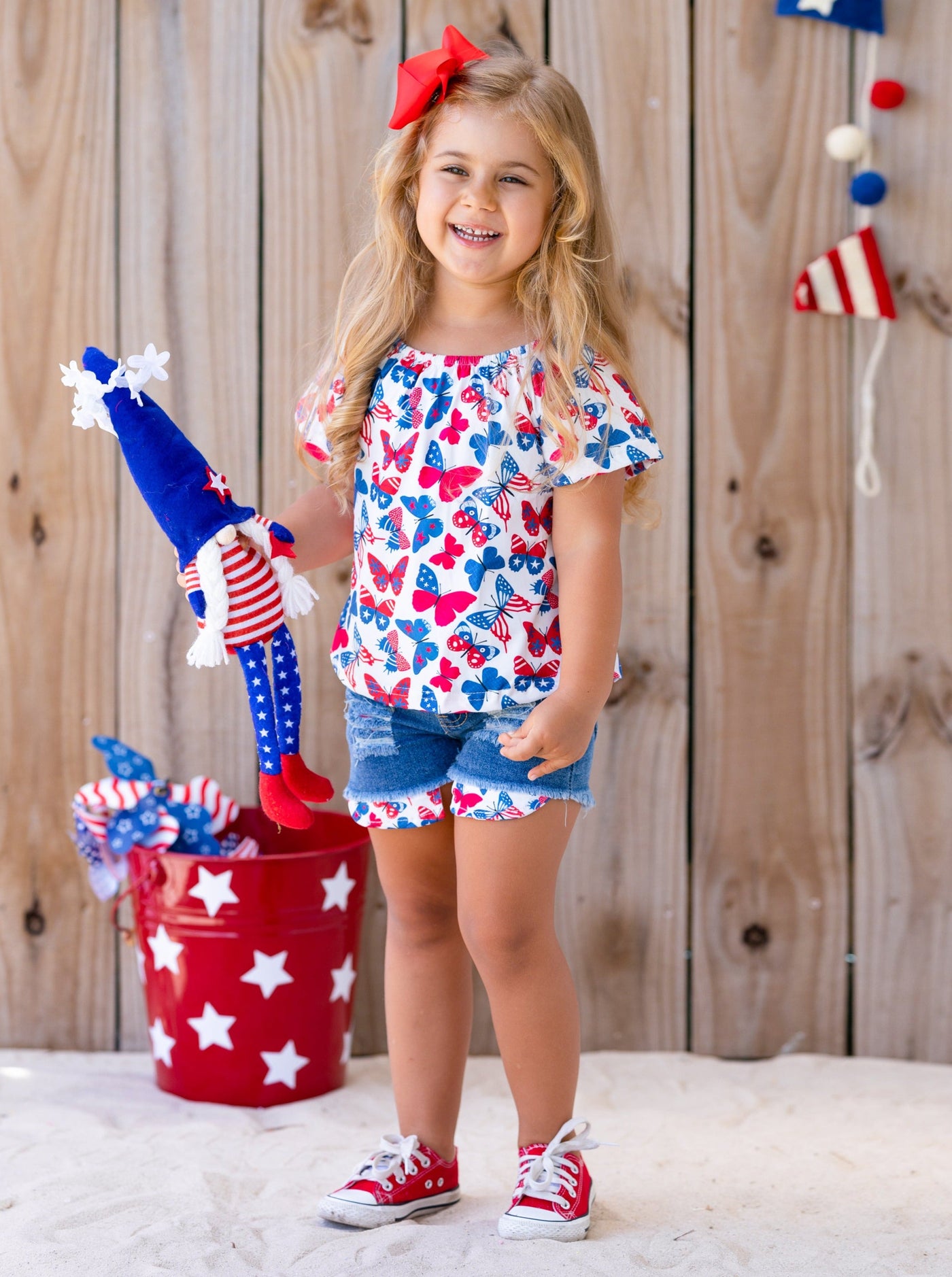 Girls Summer Outfits | Butterfly Top & Distressed Denim Shorts Set