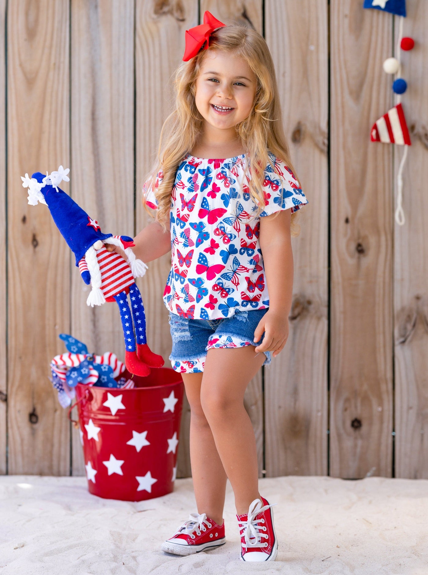 Girls Summer Outfits | Butterfly Top & Distressed Denim Shorts Set