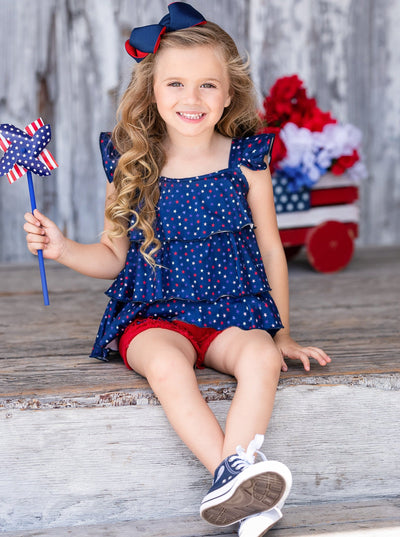 Girls 4th of July Outfits | Star Print Top & Patched Denim Shorts Set