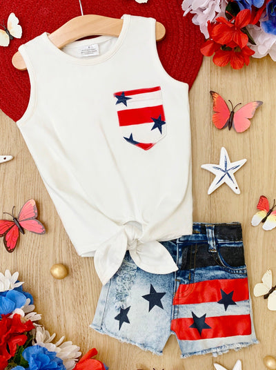 Girls USA Knot Hem Tank Top and Denim Shorts Set - Mia Belle Girls