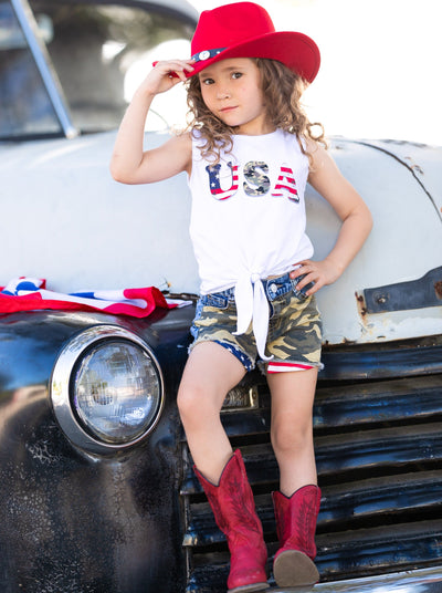 Girls USA Knot Hem Tank Top and Denim Shorts Set - Mia Belle Girls