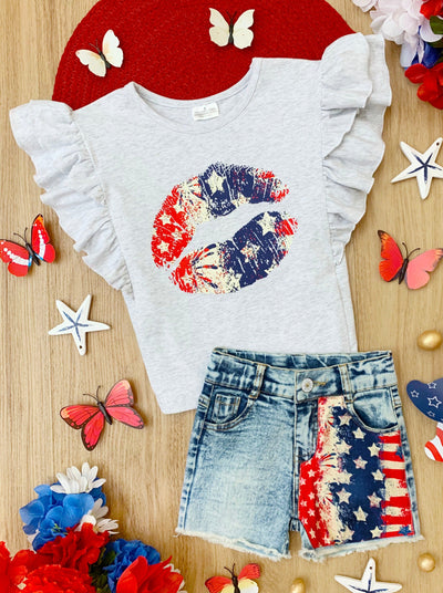 Girls USA Ruffle Shoulder Top and Denim Shorts Set - Mia Belle Girls