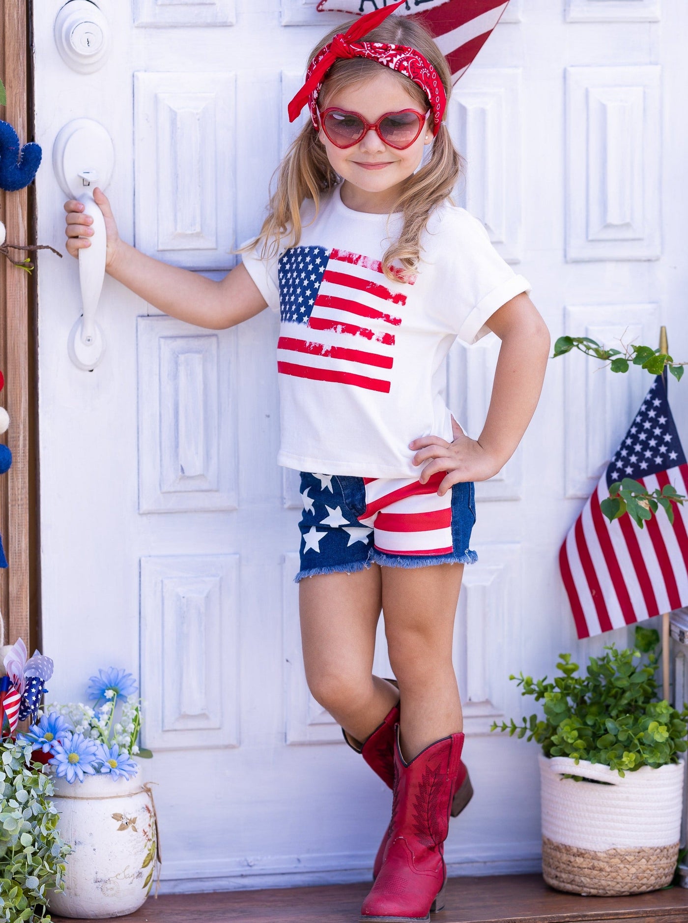 Girls American Flag Graphic Top and Denim Shorts Set - Mia Belle Girls