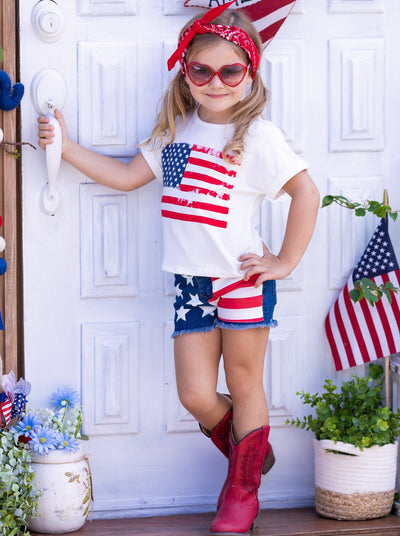 Girls American Flag Graphic Top and Denim Shorts Set - Mia Belle Girls