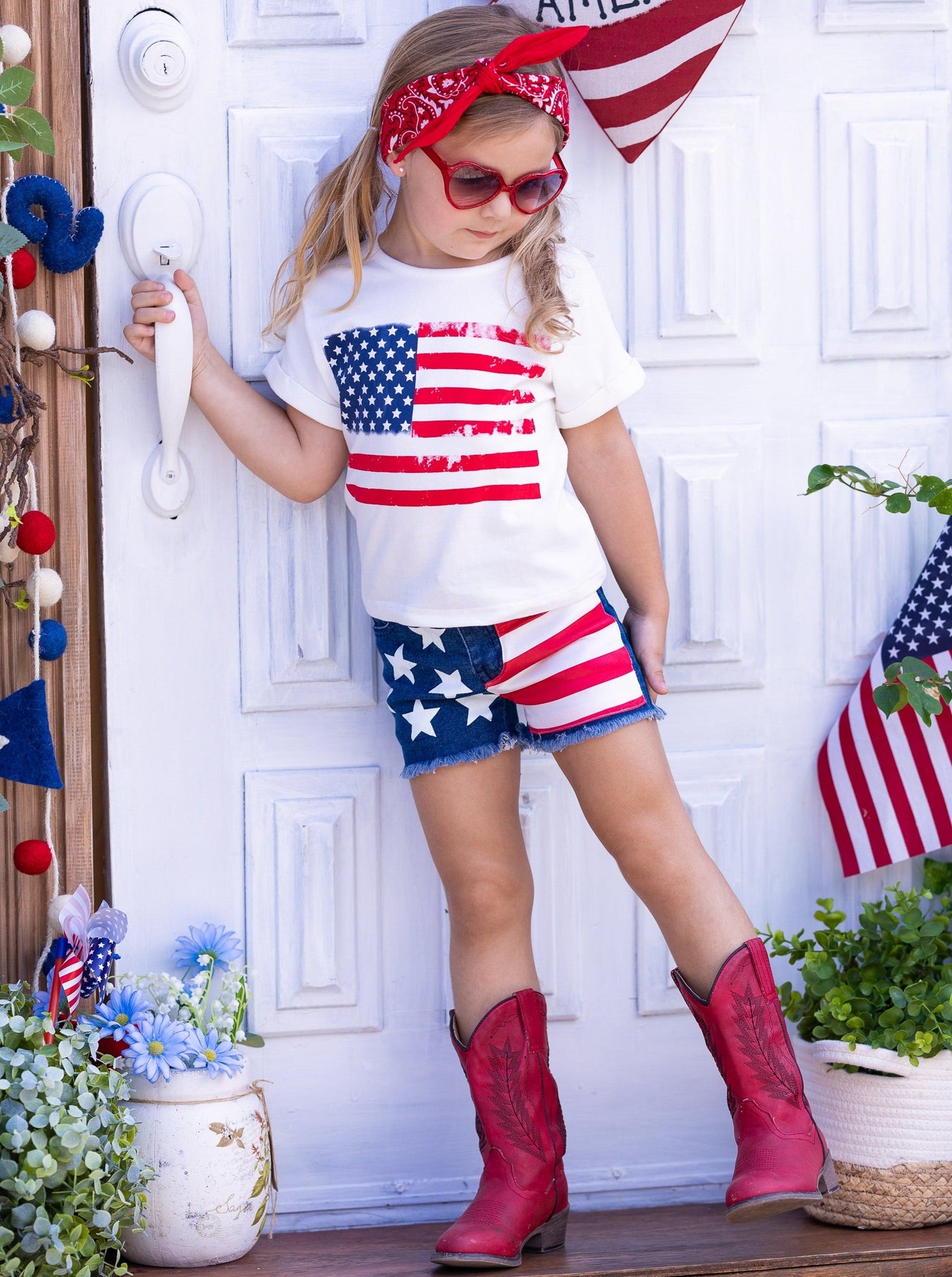 Girls American Flag Graphic Top and Denim Shorts Set - Mia Belle Girls