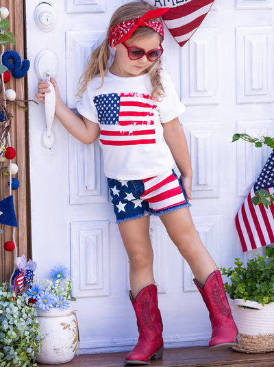Girls American Flag Graphic Top and Denim Shorts Set - Mia Belle Girls