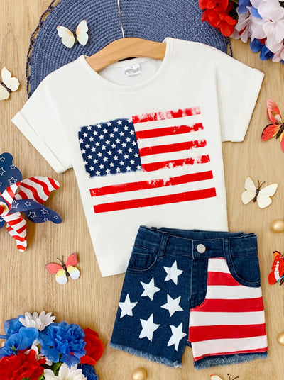 Girls American Flag Graphic Top and Denim Shorts Set - Mia Belle Girls