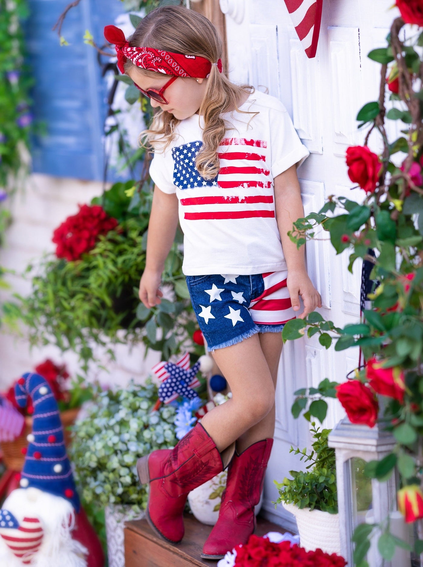 Girls American Flag Graphic Top and Denim Shorts Set - Mia Belle Girls