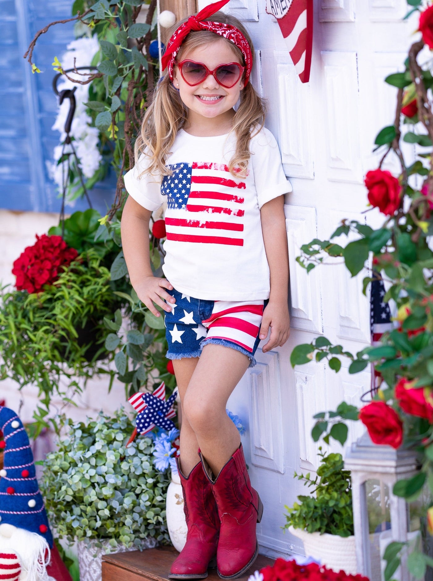 Girls American Flag Graphic Top and Denim Shorts Set - Mia Belle Girls