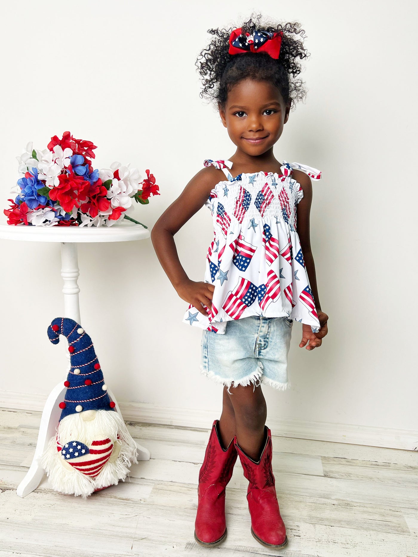 Girls 4th of July Clothes | US Flag Smocked Top & Denim Shorts Set