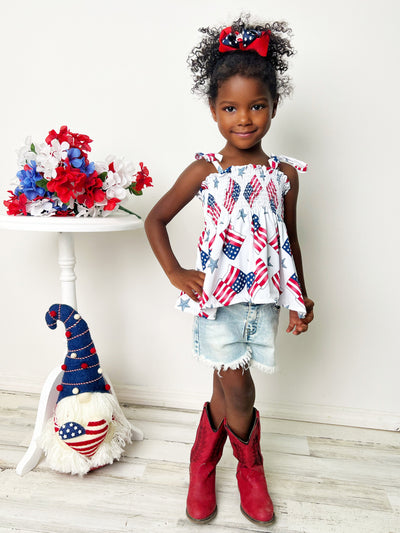 Girls 4th of July Clothes | US Flag Smocked Top & Denim Shorts Set