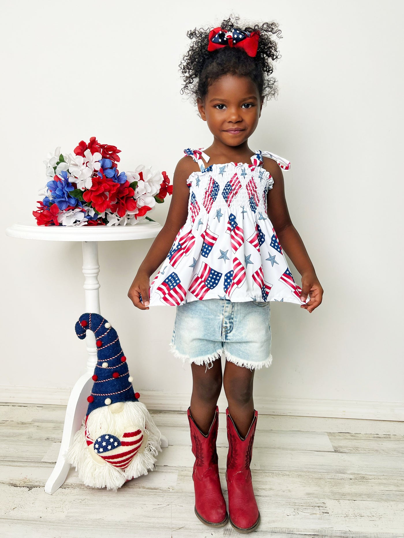 Girls 4th of July Clothes | US Flag Smocked Top & Denim Shorts Set