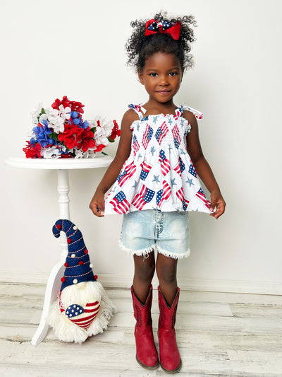 Girls 4th of July Clothes | US Flag Smocked Top & Denim Shorts Set