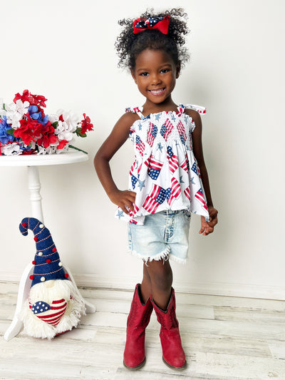 Girls 4th of July Clothes | US Flag Smocked Top & Denim Shorts Set