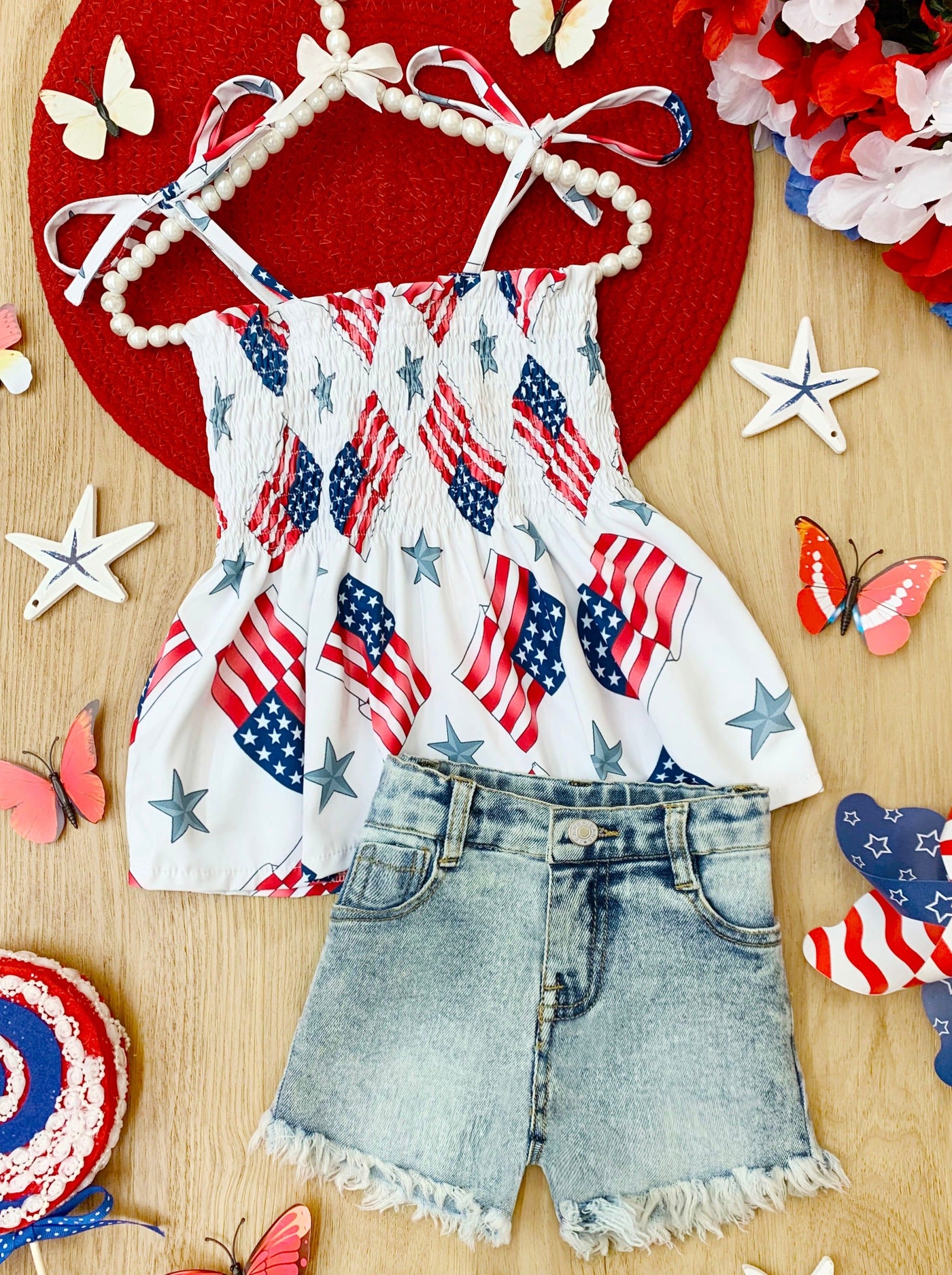 Girls 4th of July Clothes | US Flag Smocked Top & Denim Shorts Set