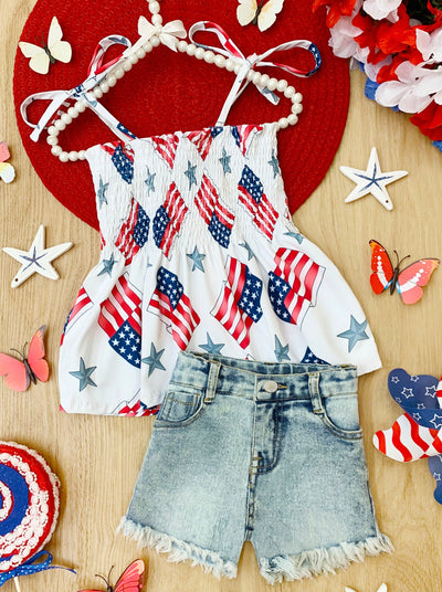 Girls 4th of July Clothes | US Flag Smocked Top & Denim Shorts Set