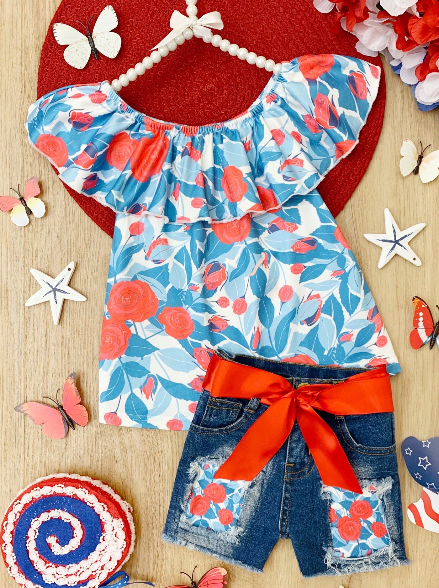 Girls Floral Ruffle Top and Patched Denim Shorts Set - Mia Belle Girls
