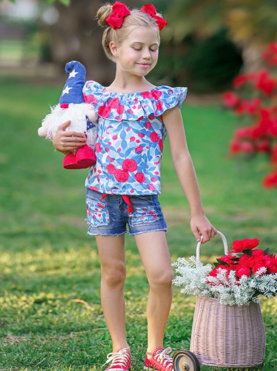 Girls Floral Ruffle Top and Patched Denim Shorts Set - Mia Belle Girls