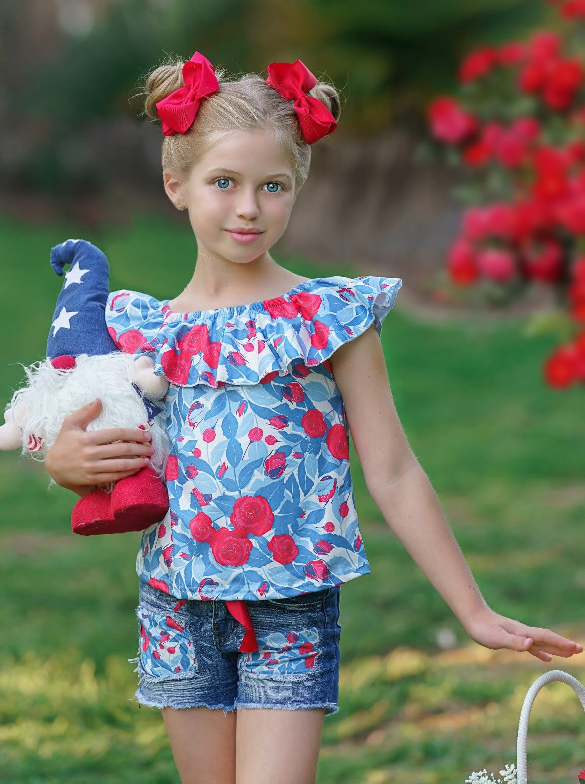 Girls Floral Ruffle Top and Patched Denim Shorts Set - Mia Belle Girls