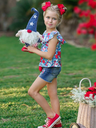 Girls Floral Ruffle Top and Patched Denim Shorts Set - Mia Belle Girls