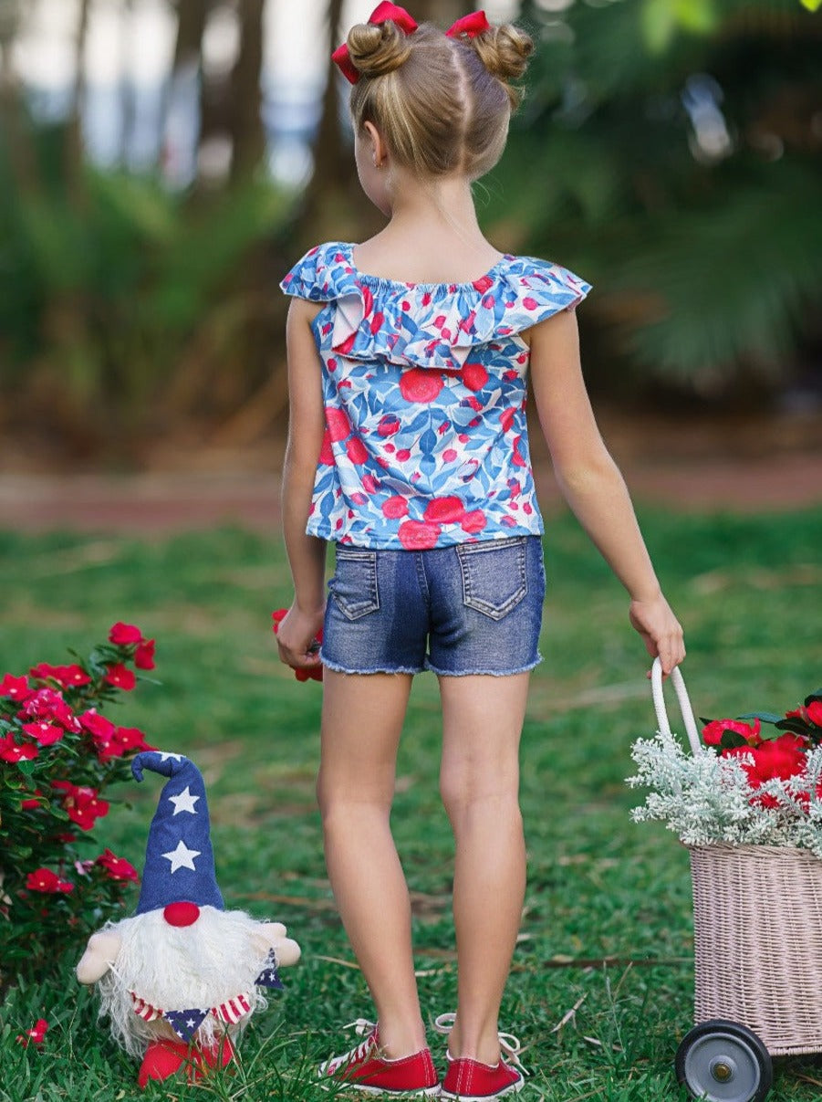 Girls Floral Ruffle Top and Patched Denim Shorts Set - Mia Belle Girls