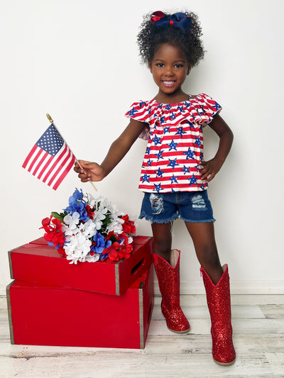 Girls 4th of July Sets | Stars & Stripe Ruffle Top & Denim Shorts Set 