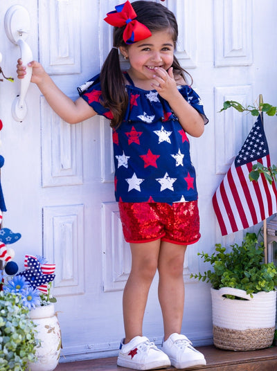 Girls 4th of July Clothes | Star Ruffle Bib Top & Sequin Shorts Set 