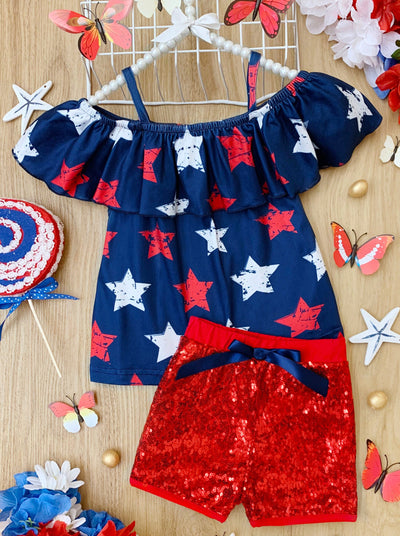 Girls 4th of July Clothes | Star Ruffle Bib Top & Sequin Shorts Set 