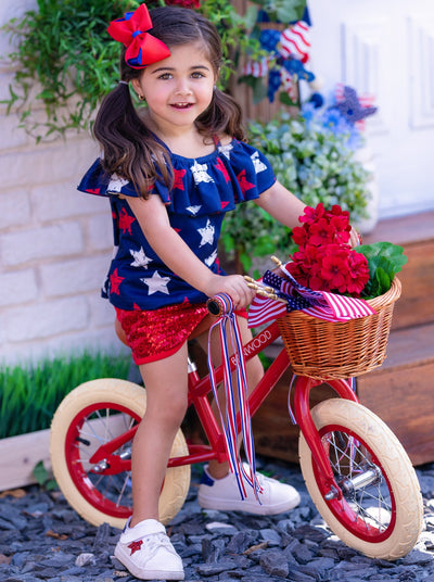 Girls 4th of July Clothes | Star Ruffle Bib Top & Sequin Shorts Set 