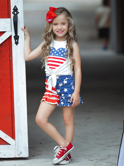 Girls 4th of July Outfits | US Heart Knot Hem Top & Denim Shorts Set