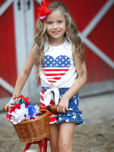 Girls 4th of July Outfits | US Heart Knot Hem Top & Denim Shorts Set
