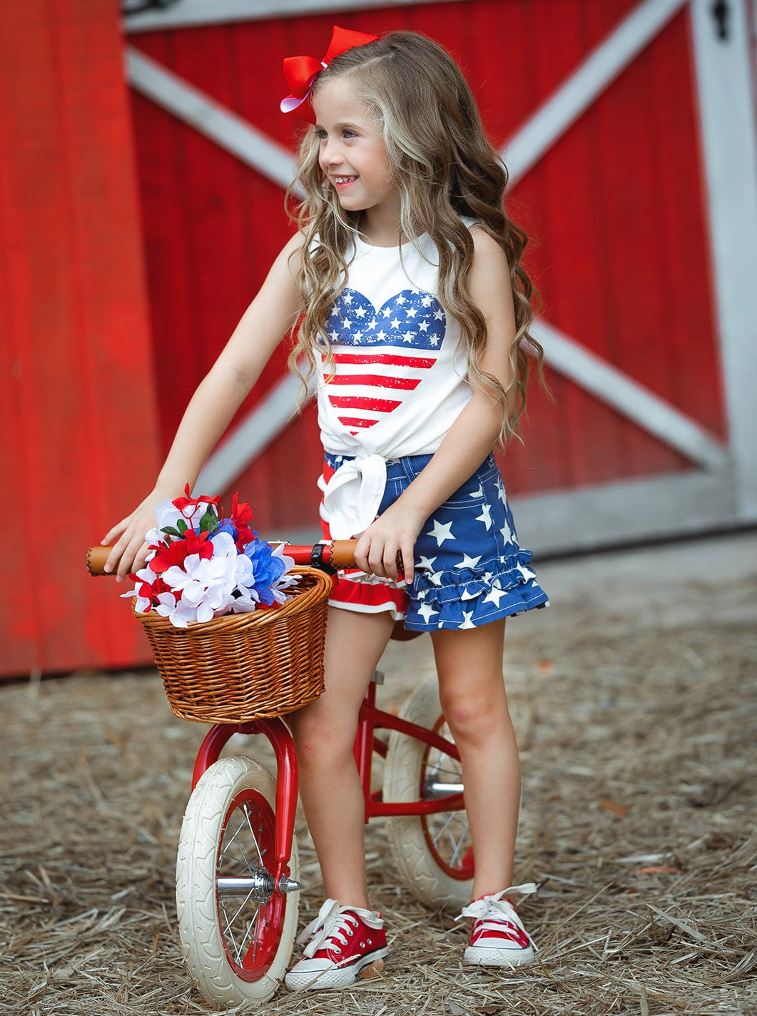 Girls 4th of July Outfits | US Heart Knot Hem Top & Denim Shorts Set