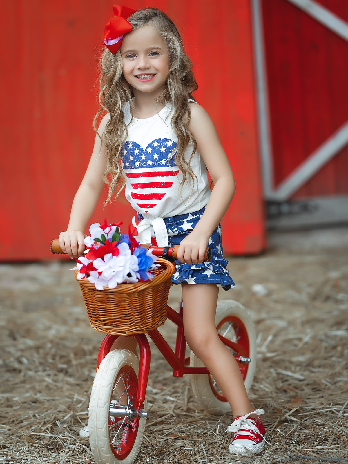 Girls 4th of July Outfits | US Heart Knot Hem Top & Denim Shorts Set