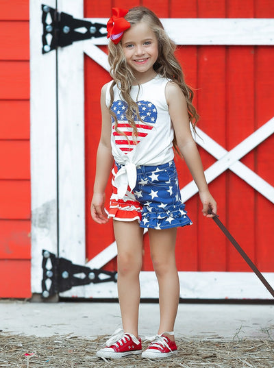 Girls 4th of July Outfits | US Heart Knot Hem Top & Denim Shorts Set