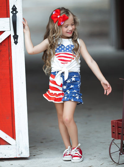 Girls 4th of July Outfits | US Heart Knot Hem Top & Denim Shorts Set